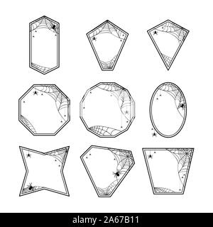 Halloween Frames set with spiderweb, hanging spiders sitting spiders. Design decorative elements. Various geometric shapes. Vector illustration. Stock Vector