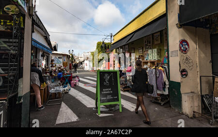 Paris, France- 30th September 2019: Alleyways and shops of the St-Ouen flea market in Paris, also known as Porte de Clignancourt flea market is one of Stock Photo