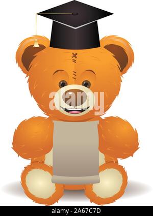 Cute teddy bear toy in graduation hat with paper sheet. Stock Vector