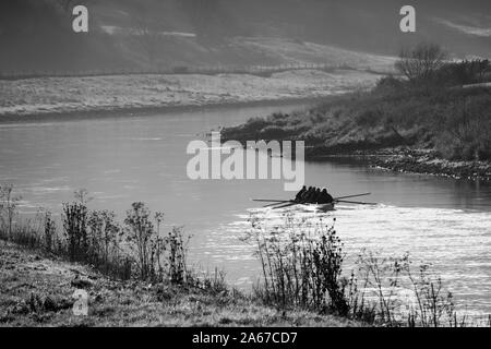 Canoe paddlers on Weser river, Oberweser, Upper Weser Valley,  Weser Uplands, Hesse, Germany, Europe Stock Photo