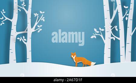 Winter landscape view background with lonely fox in paper cut style. Vector illustration with snow field and tree in forest. Design for poster, wallpa Stock Vector