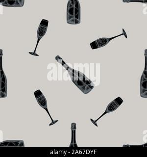 Seamless pattern with hand drawn stylized champagne, glass of champagne stock illustration Stock Vector