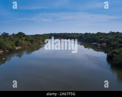 Beautiful aerial drone view of Rio Teles Pires and Amazon rainforest on sunny summer day with blue sky near Sinop city, Mato Grosso, Brazil. Concept o Stock Photo