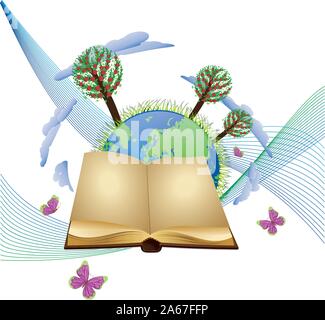 Planet Earth with apple trees, old blank open book and butterflies. Stock Vector