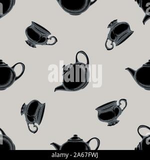 Seamless pattern with hand drawn stylized teapots, cups stock illustration Stock Vector