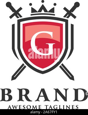 letter G with two crossed swords,shield with crown logo for uses as heraldic symbol of power, loyalty, security Stock Vector