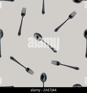 Seamless pattern with hand drawn stylized spoon, fork stock illustration Stock Vector