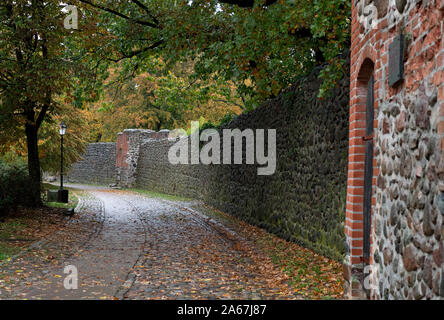 Bernau Bei Berlin, Germany. 16th Oct, 2019. The city wall at the city park next to the reconstructed Lughaus (r). The 1.5 kilometre long wall was built in the 14th century and with 42 lughouses, gates, towers and a triple wall and moat system it was a bulwark against attacks by Hussites, Quitzows and Pomerania. Today, the wall still surrounds almost the entire city centre and thus the old town. Credit: Soeren Stache/dpa-Zentralbild/ZB/dpa/Alamy Live News Stock Photo