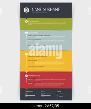 Vector minimalist cv / resume template with colorful sections and simple line icons Stock Vector