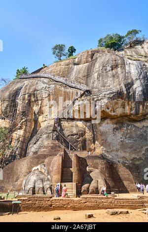The Lion Gate with stairway to top of Sigiriya Rock, Sri Lanka, Stock Photo