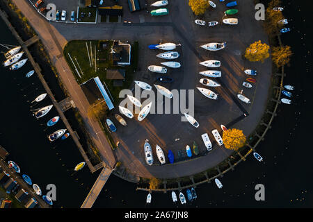 Aerial view of boats parked and moored in a marina Stock Photo
