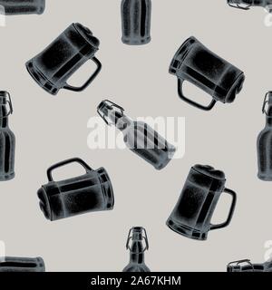 Seamless pattern with hand drawn stylized mug of beer, bottles of beer stock illustration Stock Vector