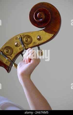Woman Tuning his Double Bass Stock Photo