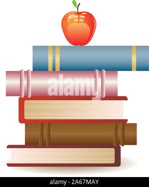 Stack of books and red apple on white background. Stock Vector