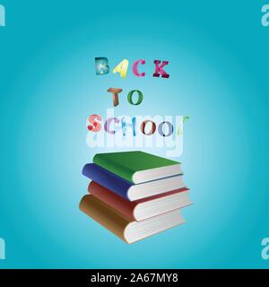 Stack of books and words back to school on blue background. Stock Vector