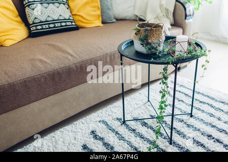Creating modern interior using home plants. String of hearts put in basket on coffee table with candle for cozy atmosphere. Stock Photo