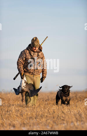 A Young Goose hunter with his Black Labrador Retriever Stock Photo