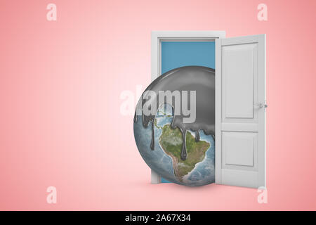 3d rendering of planet Earth covered in black liquid on top, emerging from open door on pink copyspace background. Stock Photo