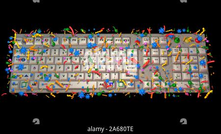 Computer keyboard covered with germs, bacteria, viruses, microbes.Close up view . 3d rendering