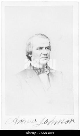 Signed carte de visite with a three-quarter-profile portrait of 17th United States President Andrew Johnson, with a serious expression on his face, developed by MB Brady and Company's National Photographic Portrait Gallery, Washington, DC, 1868. () Stock Photo