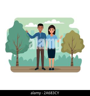 cartoon young couple in the park Stock Vector