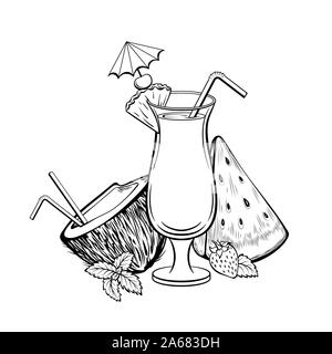 Exotic cocktail hand drawn vector illustration. Summer recreation, tropical resort symbol. Delicious refreshment with straw and umbrella black and white drawing. Coconut, watermelon and strawberry Stock Vector