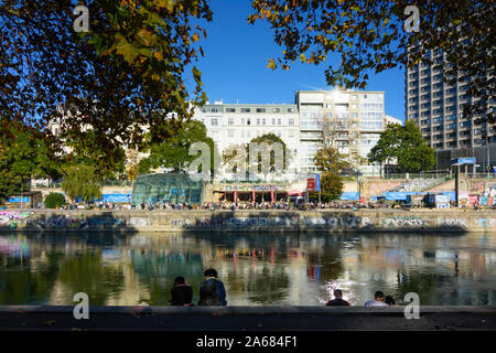 Wien, Vienna: river Donaukanal (Danube Canal), open air restaurant Adria Wien in Austria, Wien, 01. Old Town Stock Photo