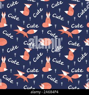 Seamless pattern with cute foxes in scandinavian style. Nice forest animals with lettering on dark blue background. Flat vector illustration. Stock Vector