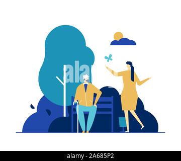 Young woman and old man on outdoor stroll flat vector illustration Stock Vector