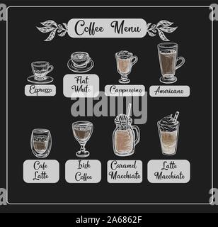 Coffee menu with different drinks. Vector. Stock Vector