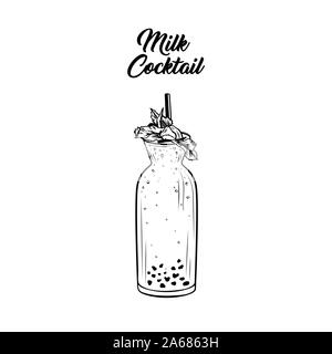 Milk cocktail vector black and white illustration. Summer drink with plastic straw, mint leaves decoration black ink sketch. Milkshake in glassware with lettering. Cafe menu, poster design element Stock Vector