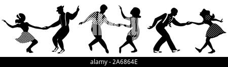 Set of three negative dancing couples silhouettes on white background. People in 1940s or 1950s style. Vector illustration. Stock Vector