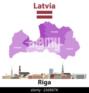 Vector map of Latvia regions with Riga city skyline Stock Vector