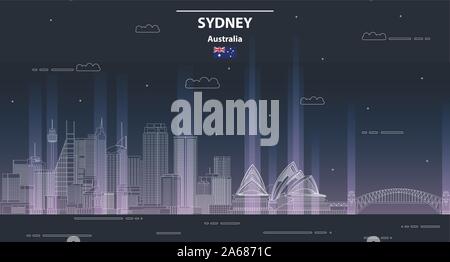 Sydney cityscape at night line art style vector illustration Stock Vector