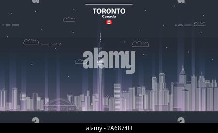 vector line art style illustration of Toronto cityscape at night Stock Vector