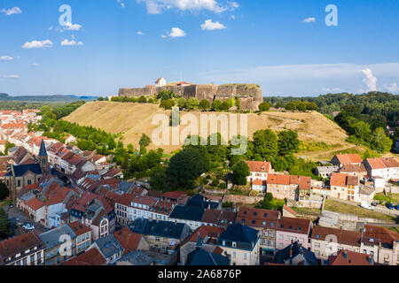 Bitche historical town center and star shaped bastions and outworks of hilltop Citadelle de Bitche, medieval fortress and stronghold near German borde Stock Photo