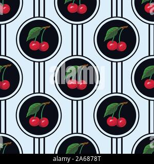 Seamless pattern with cherries in the circles. Vector. Stock Vector