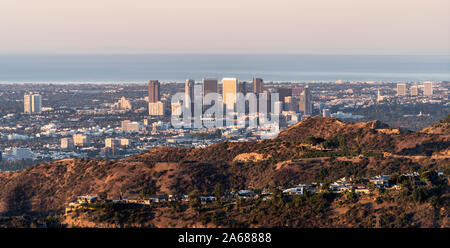 Morning panorama view of Century City and Beverly Hills with the Pacific Ocean in background.  Shot from mountaintop near popular Griffith Park in Los Stock Photo