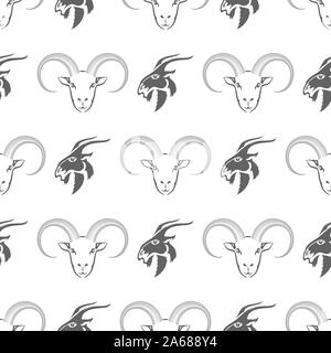 Horned Goats Seamless Pattern Isolated on White Background. Grey Silhouette of Ram Stock Vector