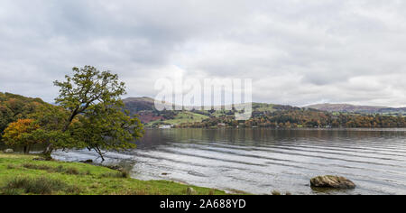 A multi image panorama looking east over Lake Windermere seen in the autumn of 2019. Stock Photo