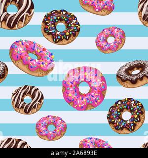 Seamless pattern with yummy donuts on striped background. Vector. Stock Vector