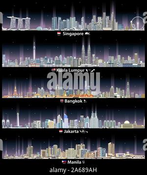 vector illustration of Singapore, Kuala Lumpur, Bangkok, Jakarta and Manila cityscapes at night Stock Vector