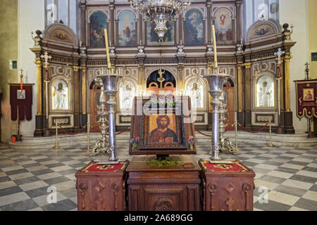 The interior of the St. Tryphon Catholic Cathedral in the old city in Kotor, Montenegro, Europe. Stock Photo