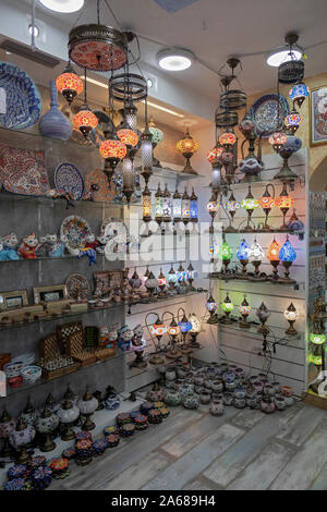 Beautiful Turkish glass lamps for sale at a tourist gift shop in the Old Town section of Koter, Montenegro. Stock Photo