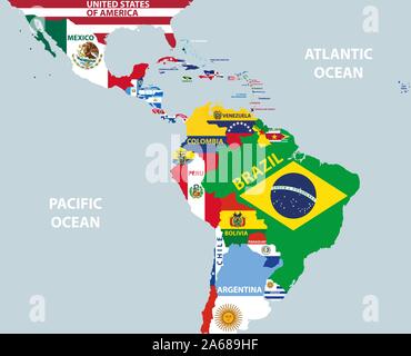 vector part of world map with region of Latin American countries mixed with their national flags Stock Vector