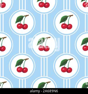 Seamless pattern with cherries in the circles. Vector. Stock Vector