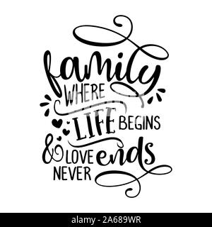 Family where life begins and love never ends -  Funny hand drawn calligraphy text. Good for fashion shirts, poster, gift, or other printing press. Mot Stock Vector