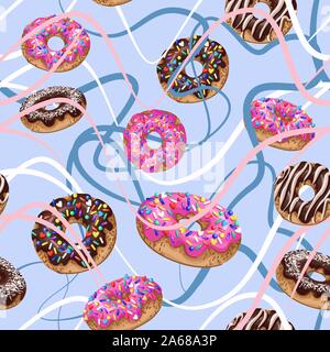 Seamless pattern with yummy donuts. Vector. Stock Vector