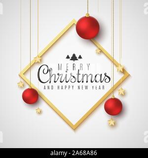 Christmas greeting card. Red balls and golden stars. Stylish lettering in frame. Festive banner for your design. Vector illustration. EPS 10 Stock Vector