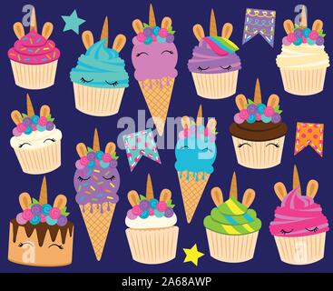 Cute Vector Collection of Unicorn Themed Desserts and Birthday Decorations Stock Vector